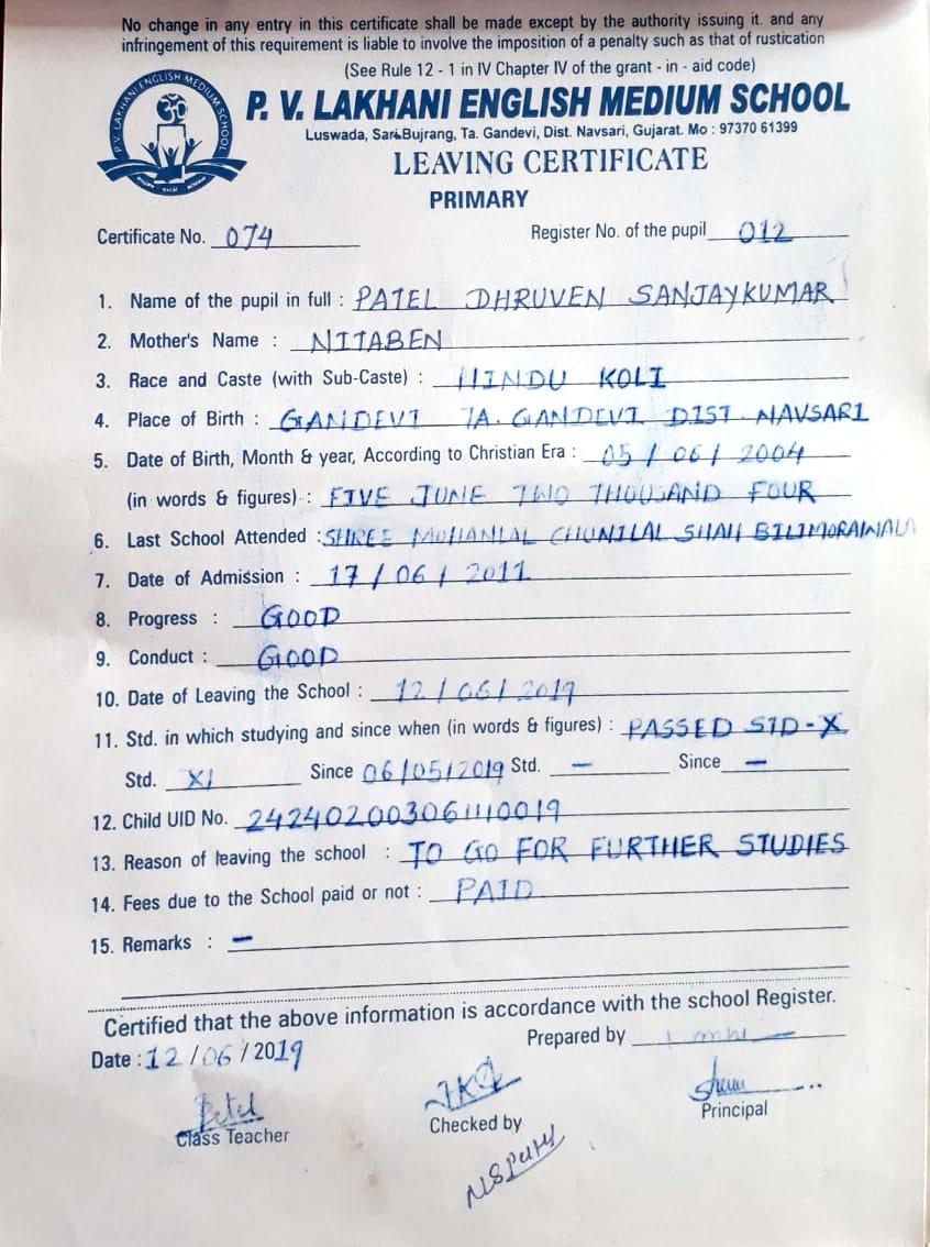 TC of Patel Dhruven 
