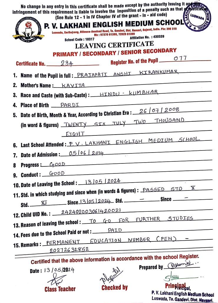TC of Prajapati Anshi