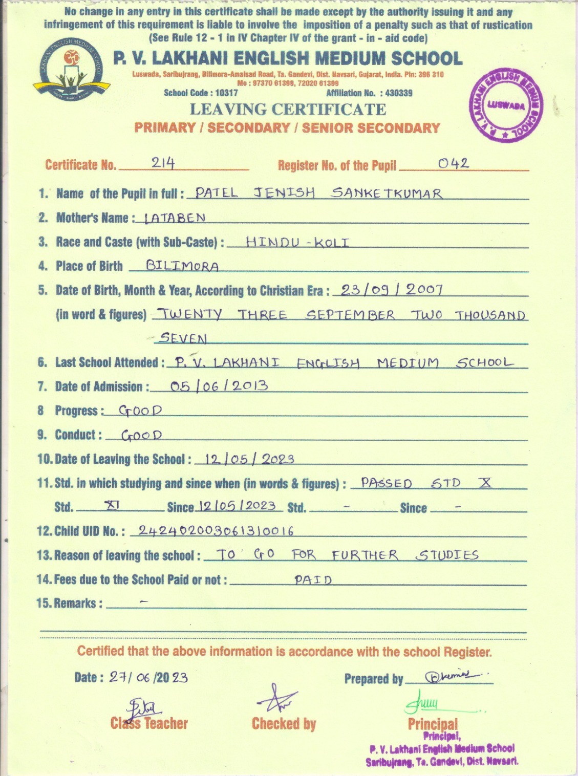TC of Patel Jenish